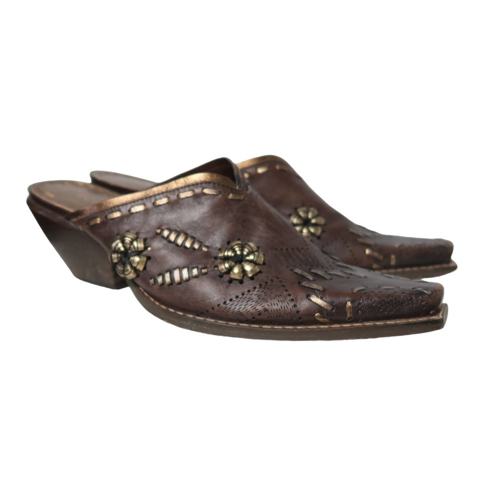 Vintage BCBGirls brown leather gold floral embroidered western mules 6.5